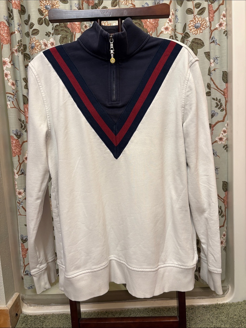 Brooks Brothers Men Half-Zip Pullover Sweater White with Navy & Burgundy Chevron